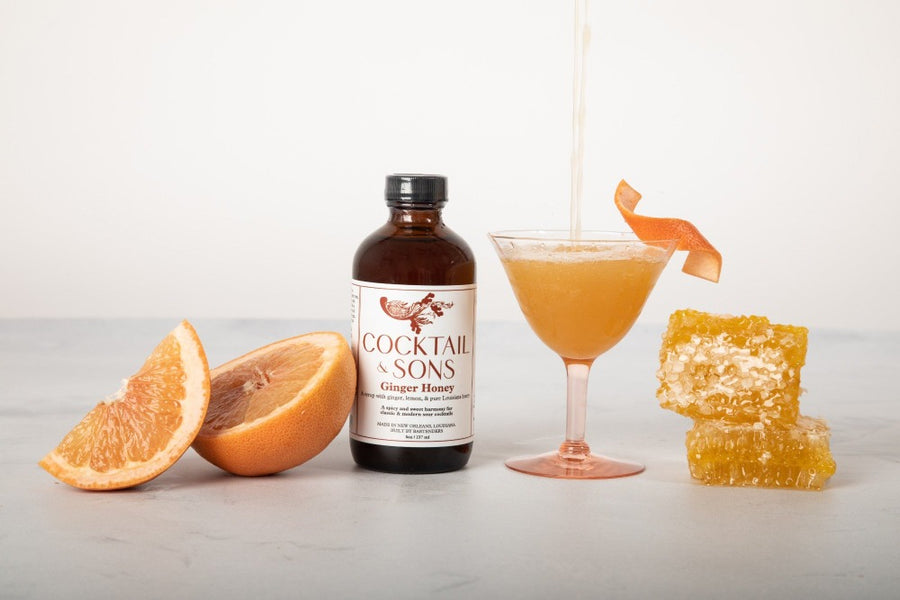 Cocktail and Sons Ginger Honey syrup being used to make a classic brown derby cocktail 